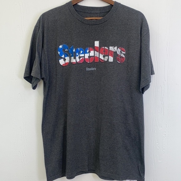 NFL Team Apparel - Steelers American Flag Lettering Gray Shirt Size Large - Picture 6 of 9